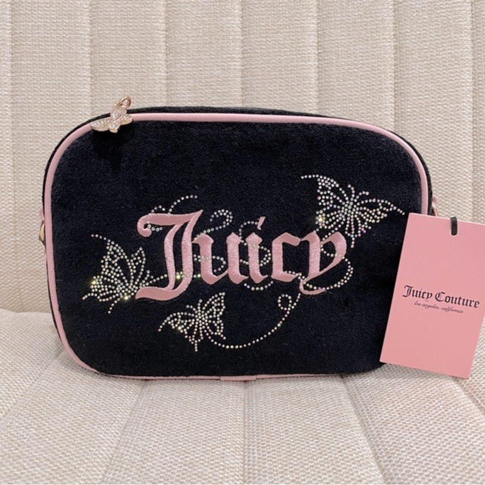 NEW‎ Juicy Couture Black Terry Butterfly Rhinestone Camera Bag Crossbody Pink